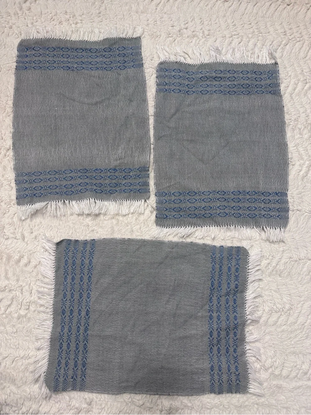 SET OF 5 Artisan Woven Boho Hand Towels - Blue & White hand made vintage